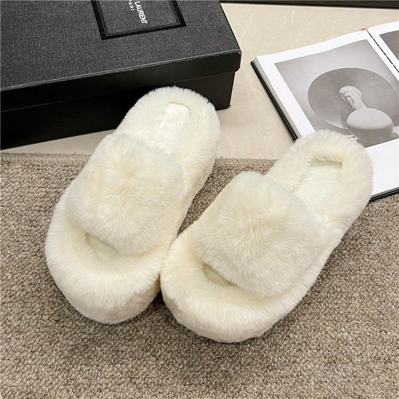 Super high heel fluffy slippers women's outer wear 2025 new autumn and winter thick bottom small man height increase home indoor cotton slippers