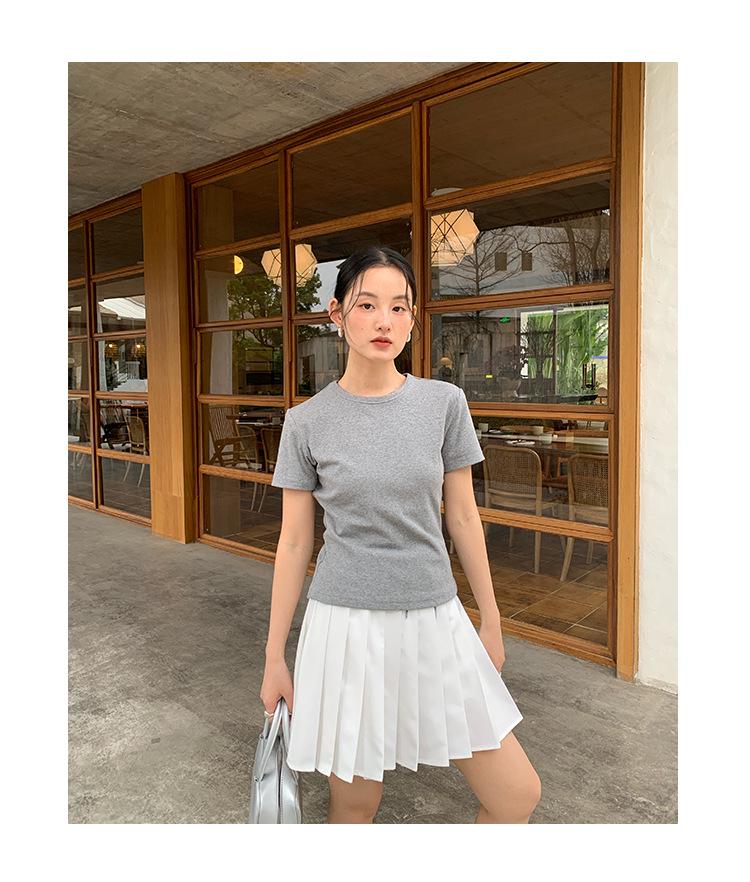 Interpret Beauty Summer 2025 Preppy Pleated A-line Midi Skirt with Drawstring Waist (S5108)