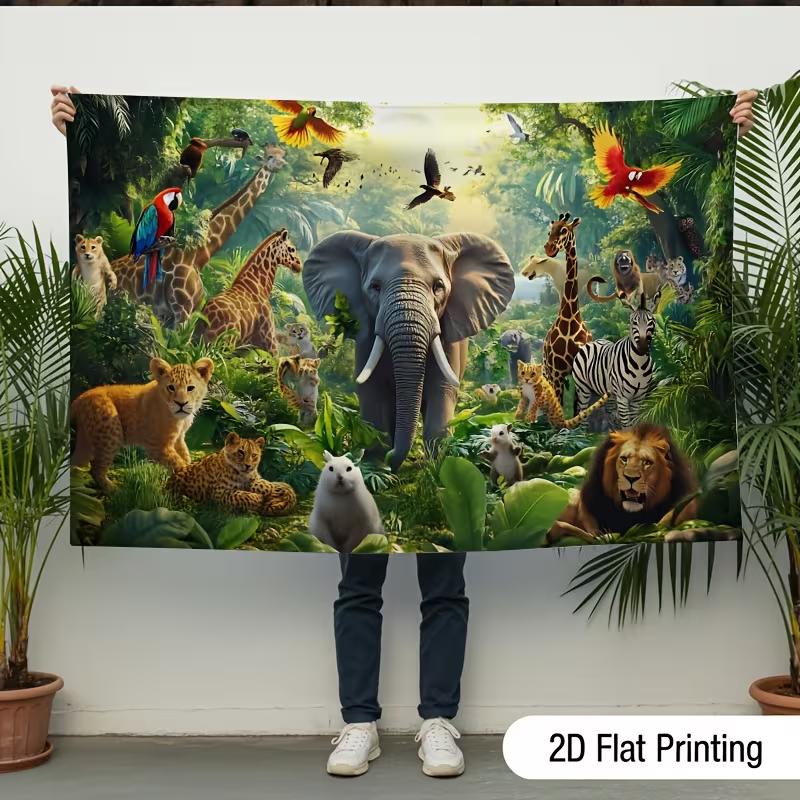 2D African Safari Tapestry Jungle Animals with Elephant & Giraffe Wall Decor