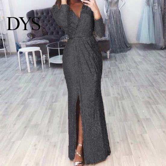 A-Linie Silhouette Cocktailkleid Damen Abend Deep V-Ausschnitt Pailletten-Dekor Lange Ärmel Elastische Taille Plissiert Hohe Absätze Kombinieren Geschlitzter Saum Uni
