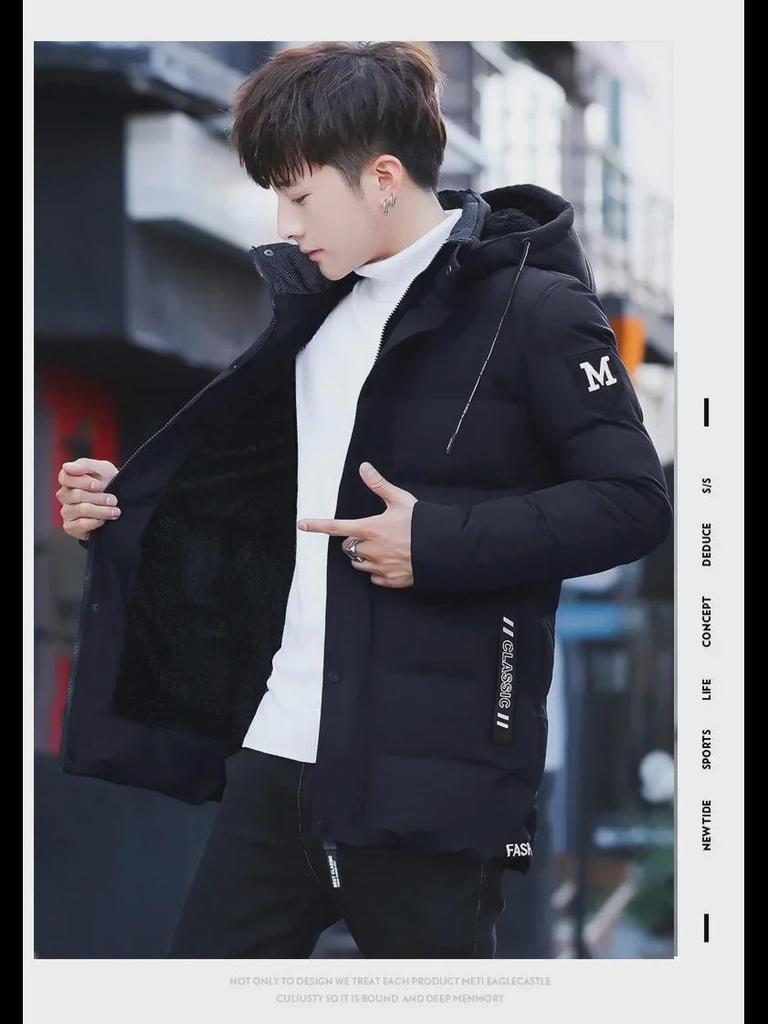 618 Men's Mid-Length Hooded Winter Jacket - Warm, Thick Plush Cotton-Padded with Ribbed M-Shaped Design