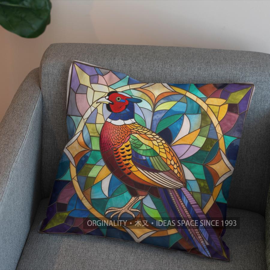 2D Stained Glass Pheasant Design Decorative Pillow Pattern Cushion Cover Suitable For Sofa Bedroom Car Pillow Cover