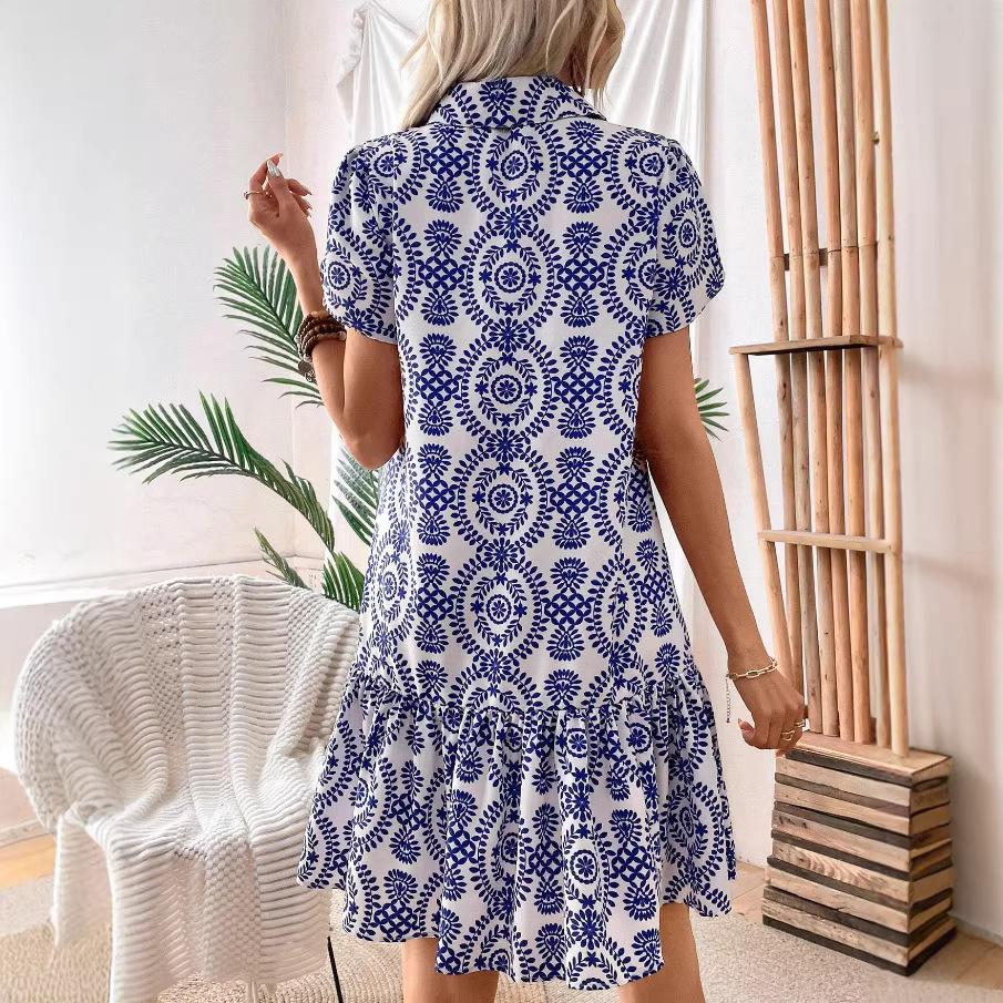 Blue Flower Print Women Dress Elegant Sweet Casual Short Sleeve Loose A-Line Dress Oversized Summer Beach Dress Female Sundress