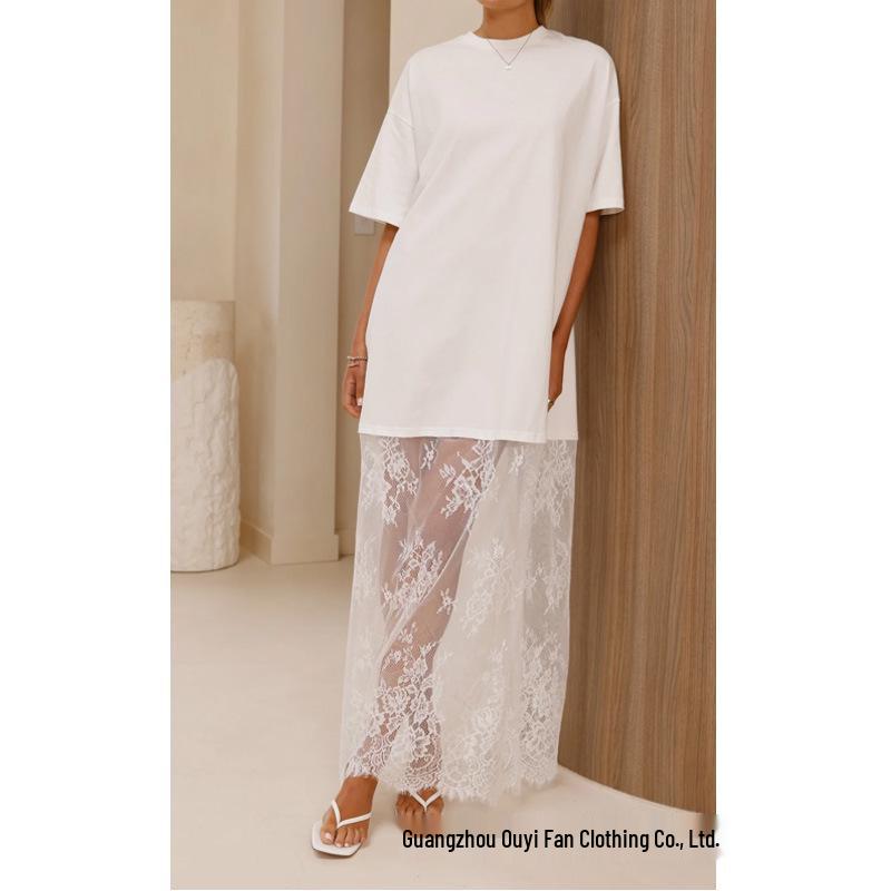 Elegant Lace Patchwork See-Through Hem T-shirt Dress - Casual Short-Sleeved Style