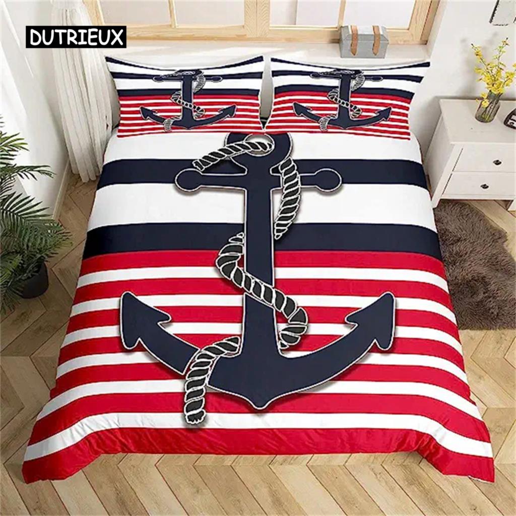 Anchor Duvet Cover Nautical Bedding Set Ship Anchor Chain With Lines Comforter Cover For Children Teen Bedroom Decoration Gifts