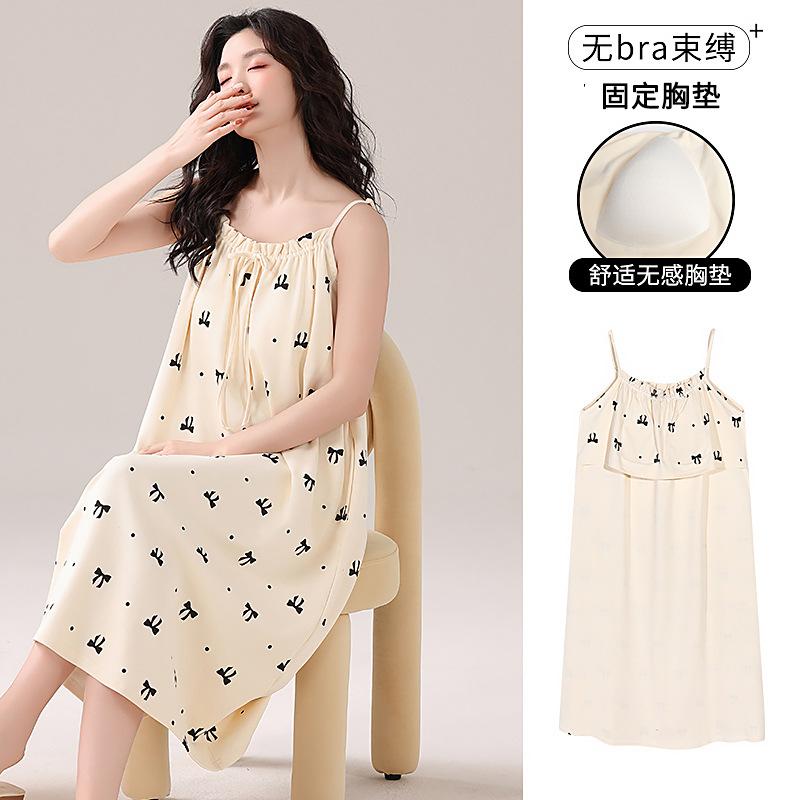 Women's camisole nightdress, summer pure cotton sexy mid-length loungewear, plus-size pad pajamas, pure and sweet style
