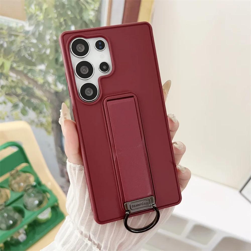 Leather Stand Holder Ring Wrist Strap Phone Case For Samsung Galaxy S26 Ultra S25 S24 S23 Plus Button All Inclusive Bracket Shockproof Protect Cover