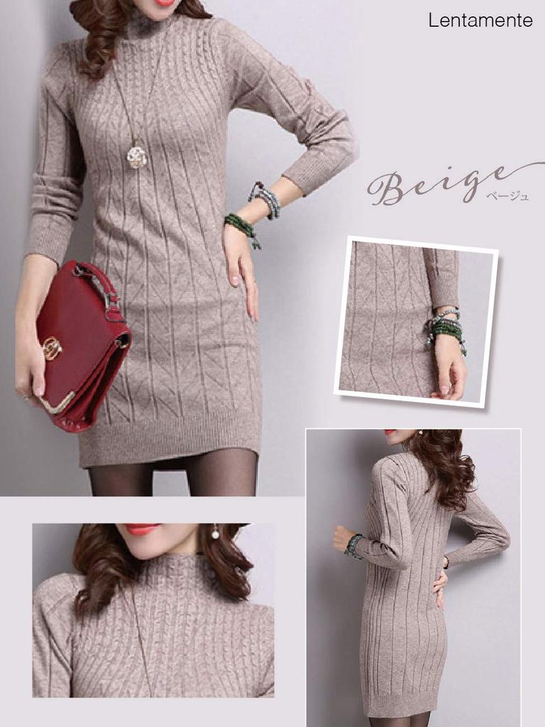 Rentamente Knit Long High One Size Fits Most Women's Dress, Sleeve, Neck, Mini, (Beige)