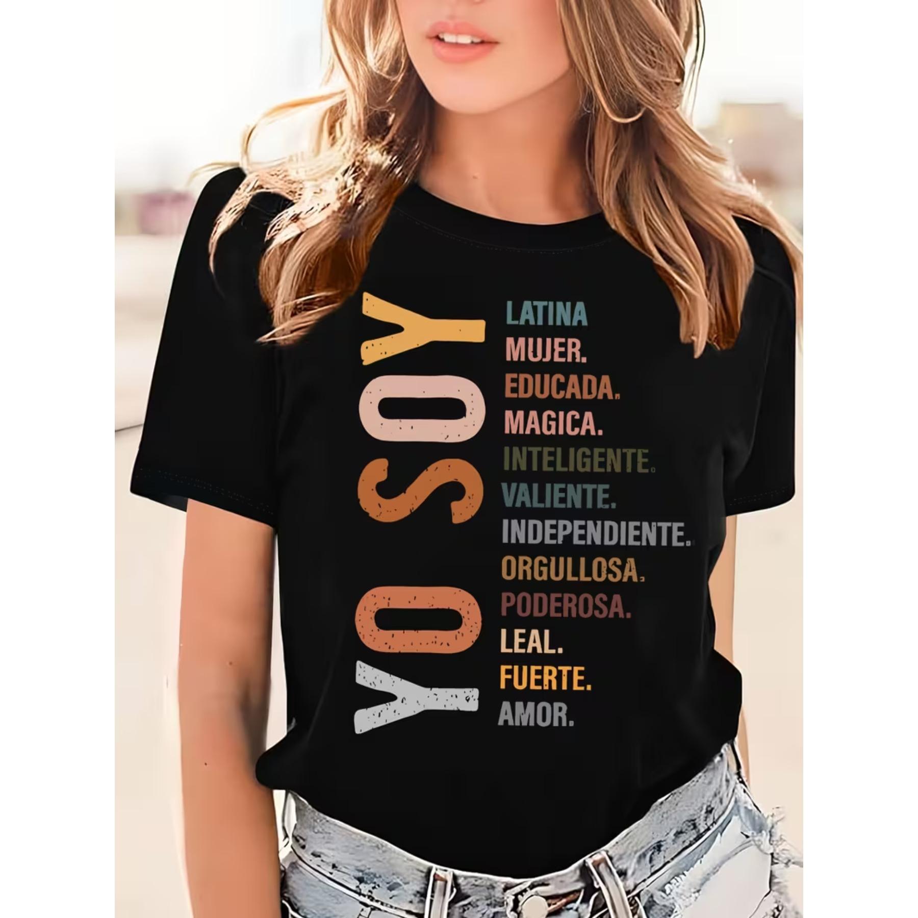 

Yo Soy Latino Spanish Faith Print T-shirt, Casual Short Sleeve Crew Neck Top Stylish All Season Women s Clothing S чёрный