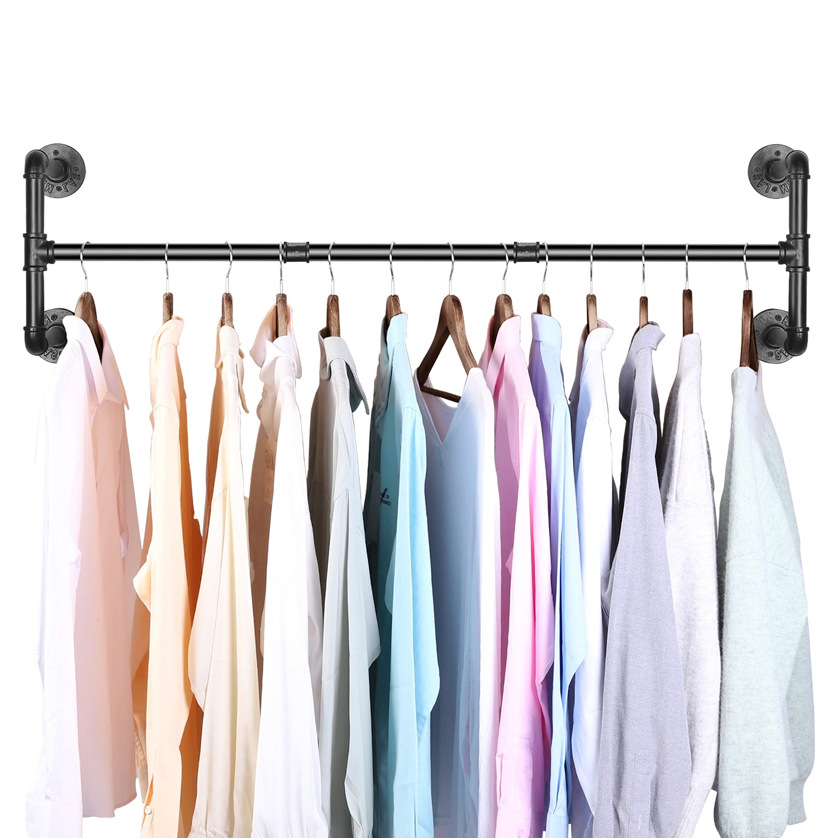UNHO Вешалка Железная Вешалка Стойка с Вешалкой 109см 50кг Вес Стильная Настенная Прочная DIY Дисплей Черная Труба, Настенная Штанга, Широкая, Вместимость, Античный Стиль чёрный