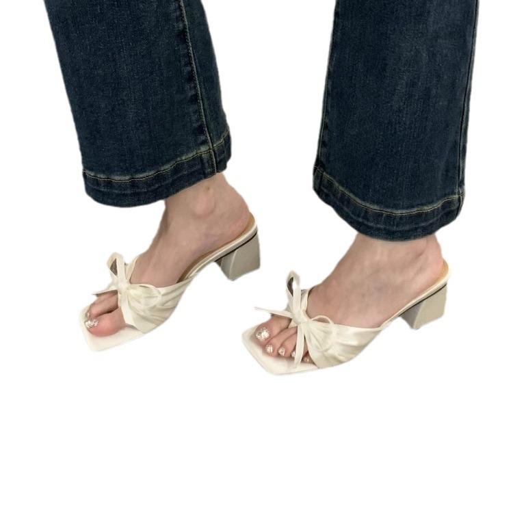 French high-end satin bow thick heel cool slippers women's wear 2025 new summer open-toed high heels