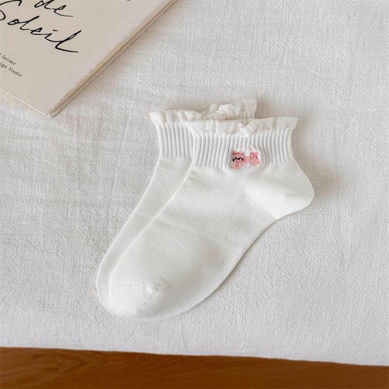 White Ruffle Socks with Japanese Cartoon Heart Embroidery - Spring/Summer Collection for Girls