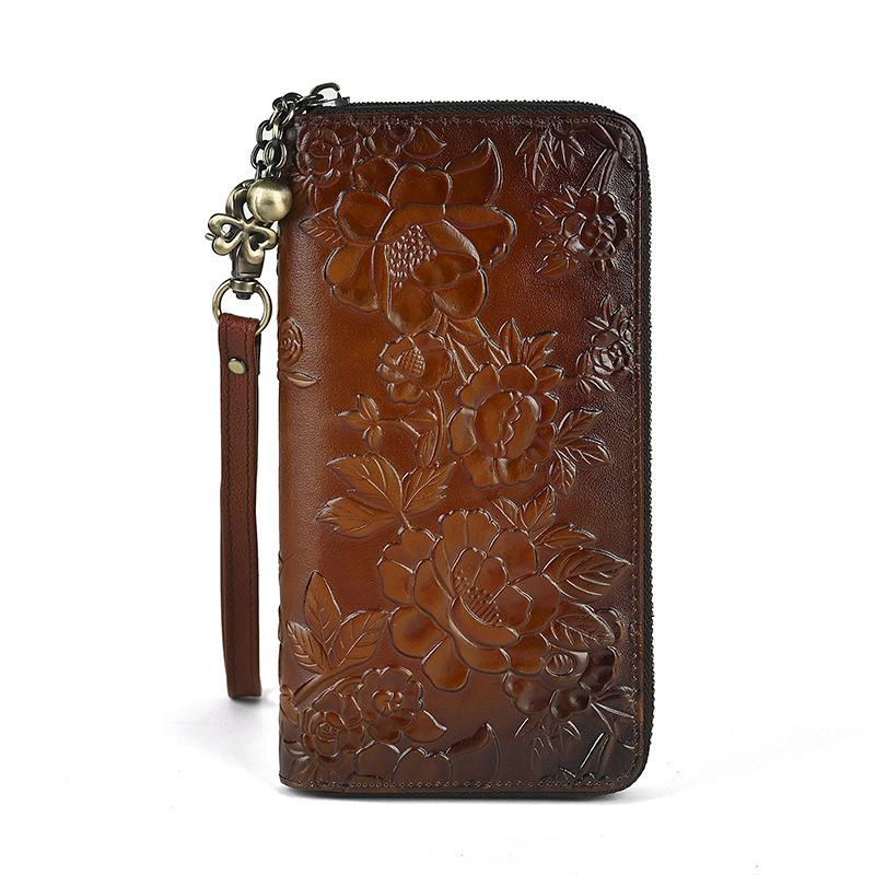 Vintage New Flower and Plant Embossed Long Leather Wallet Handbag Women's Head Layer Leather Leather