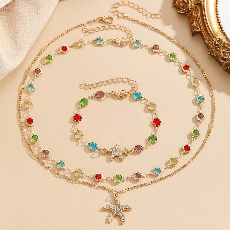 Fashion Colorful Zircon Starfish Pendant Necklace Bracelet for Women Luxury Gold Color Crystal Temperament Choker Zircon Gifts