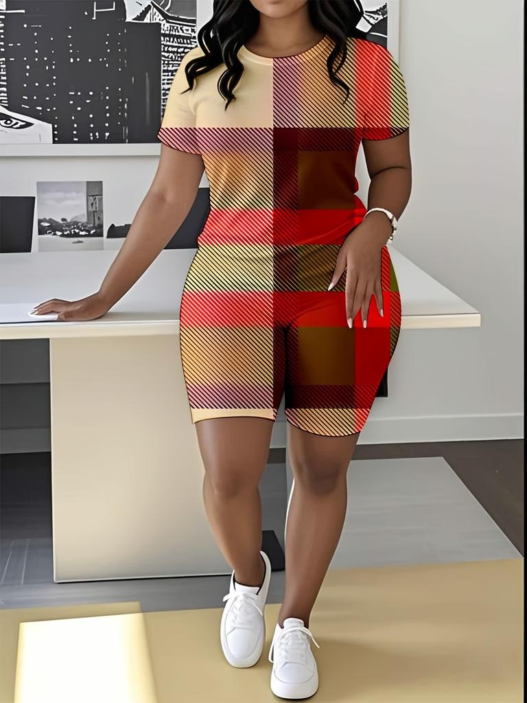 Striped code European and American women's clothing checkered printing T-shirt shorts set sports suit