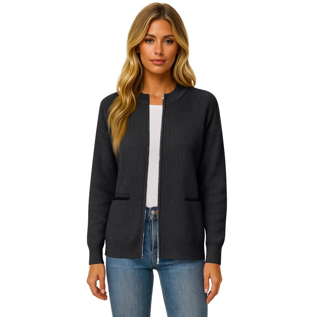 Women's Fashionable Solid Color Long Sleeved Stand Up Collar Zipper Loose Pocket Jacket Casual Jacket