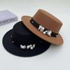 Pearl Flower Woolen Flat Top Top Hat Female Autumn and Winter French Retro Face Small Elegant Temperament Versatile British Top Hat