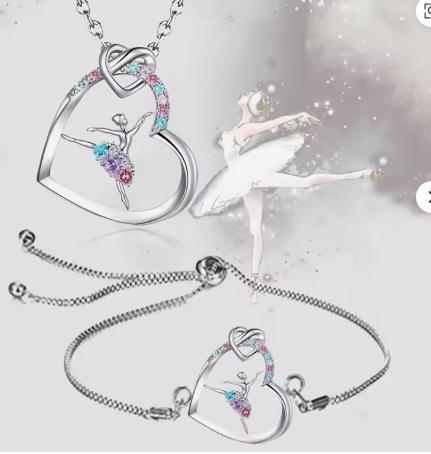 Colorful Crystal Ballerina Heart Jewelry Hollow Dancer Pendant Necklace Adjustable Bracelet 2Pcs Ballet Girl Gift Jewelry Kit