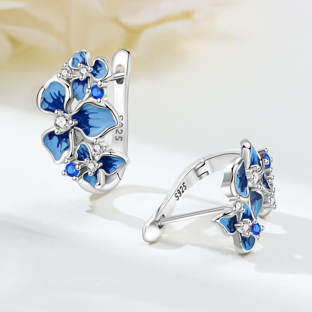 Orstarry Original 925 Sterling Silver Blue Iris Flower Earrings Women Hoop Earring Anniversary Jewelry Trendy Gifts