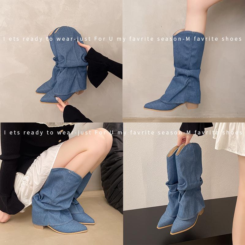 Fashion Wind Pointed Folded Pile Boots 2025 Winter New Stiletto Fashion Boots But The Knee Is Thin High Heels Universal for All Seasons