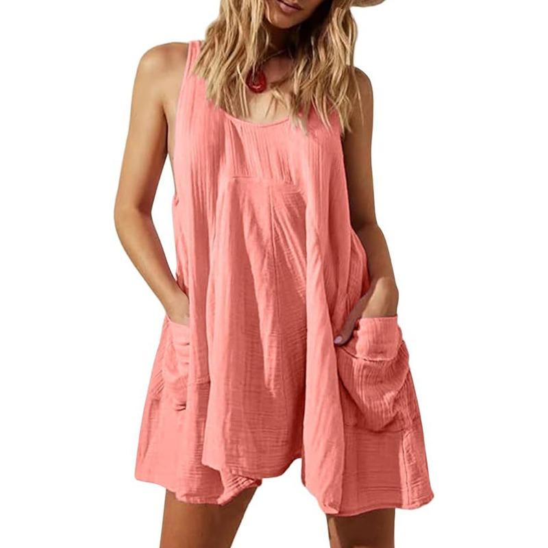JPNTKY Women's Fashion Summer Spring Solid Color Print O-Neck Sleeveless Casual Dresses