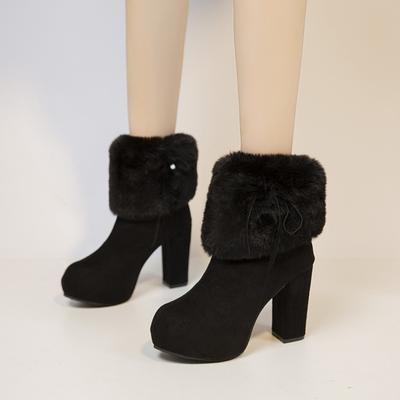 Herbst Winter Neu Pelz Damen Stiefeletten Dicke Hohe Absätze Runde Spitze Mode Damen Schuhe Plateau Kurze Stiefeletten Warme Schuhe