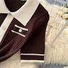 Elegant Slimming Spliced Single-breasted Knit Dresses for Women Lapel Short Sleeves Patchwork Sweater Dress Female