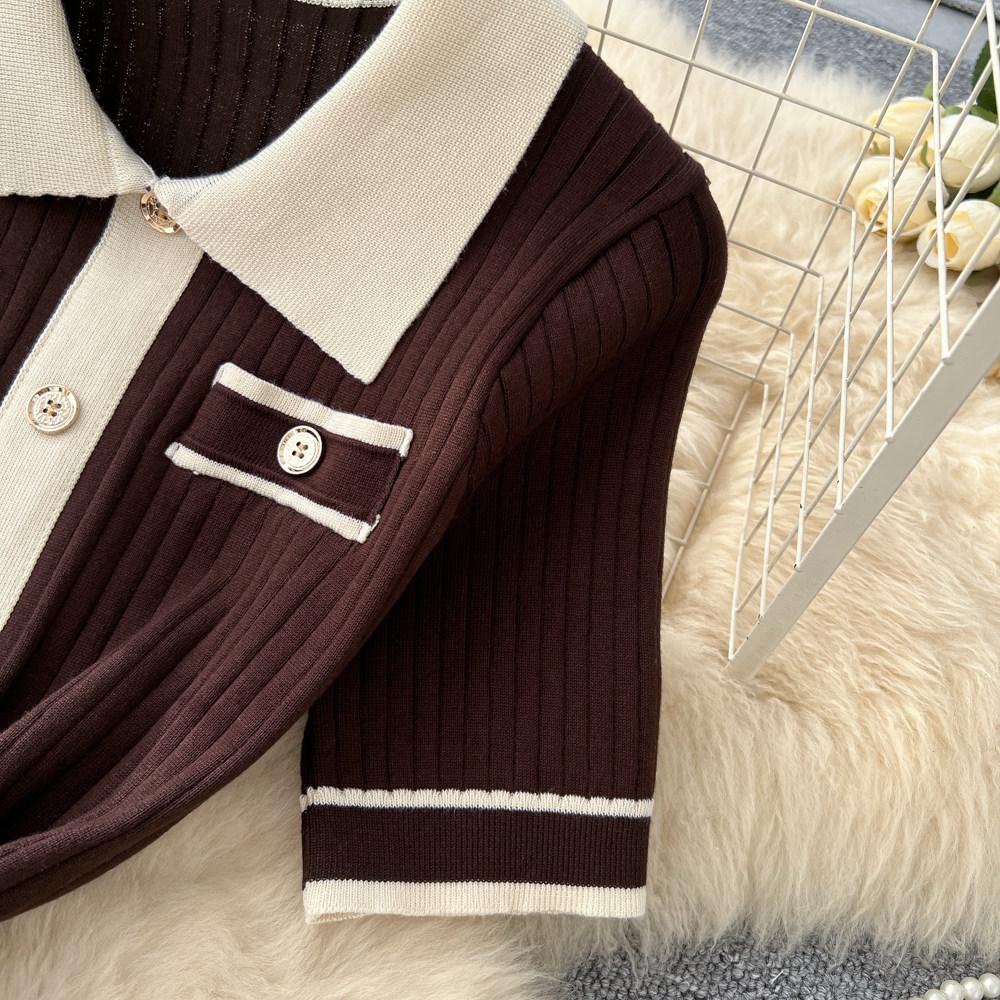 Elegant Slimming Spliced Single-breasted Knit Dresses for Women Lapel Short Sleeves Patchwork Sweater Dress Female