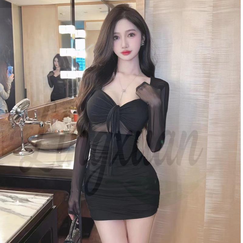 Sexy Lace-Up Mesh Dress - Square Neck, See-Through, Hip-Hugging Mini Skirt