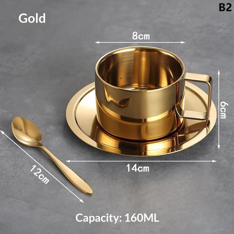 Tasse à café en acier inoxydable 170/200/250/280 ml Tasse à lait et ensemble soucoupe Avec sous-tasse Tapis Cuillère Poignée Facile à nettoyer et réutilisable