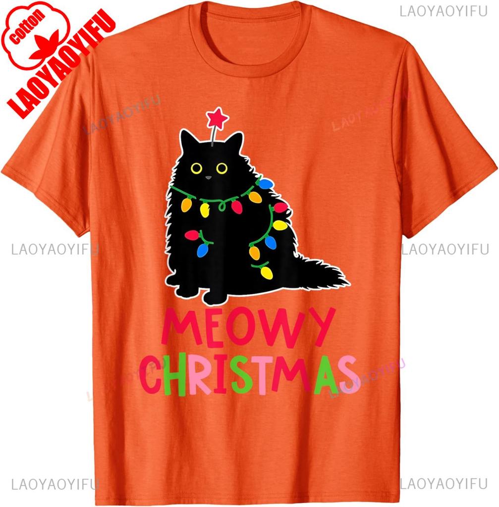 New Style Lovely Kawaii Meowy Christmas Xmas Lights Black Cat Pajamas Family Funny Men Women High Quality Cotton TShirt