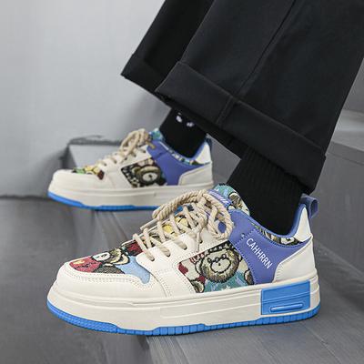 Sapatos Masculinos de Base Grossa Lona Urso de Desenho Animado Faculdade Respirável Tênis Casuais Sapatos Masculinos