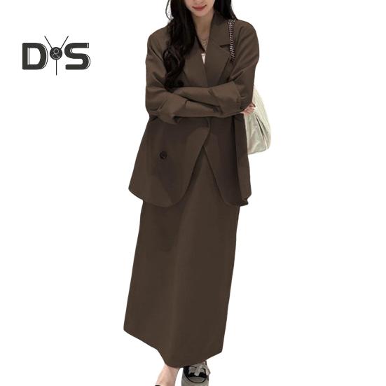 

Женский костюм из 2 предметов, пальто, юбка, двубортный пиджак с длинными рукавами и лацканами, средней длины, свободная юбка с высокой талией, формальный деловой стиль, наряд S кофейный