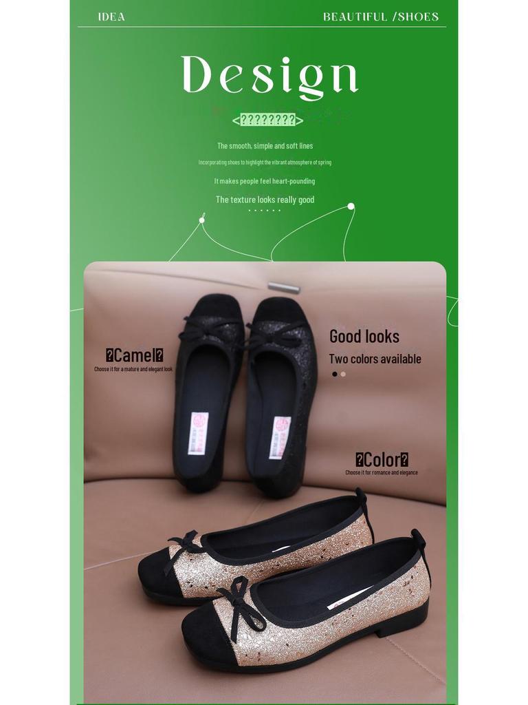 2025 New Women's French-Style Sequined Bow Flats: Square Toe, Shallow Mouth Evening Shoes