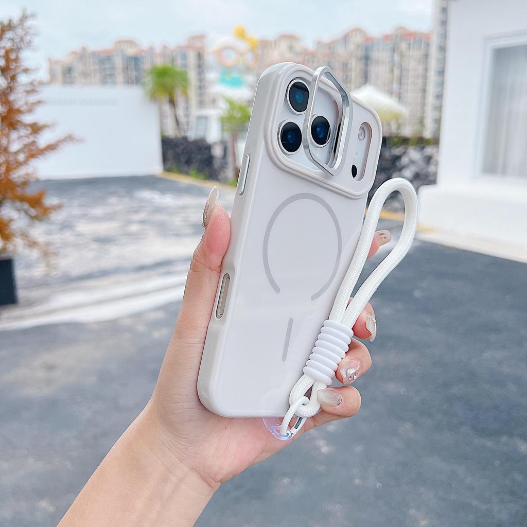 Magnetic Lens Bracket Protective Case for iPhone 16/15/14 Pro Max with Skin Feel & Lanyard, Solid Color