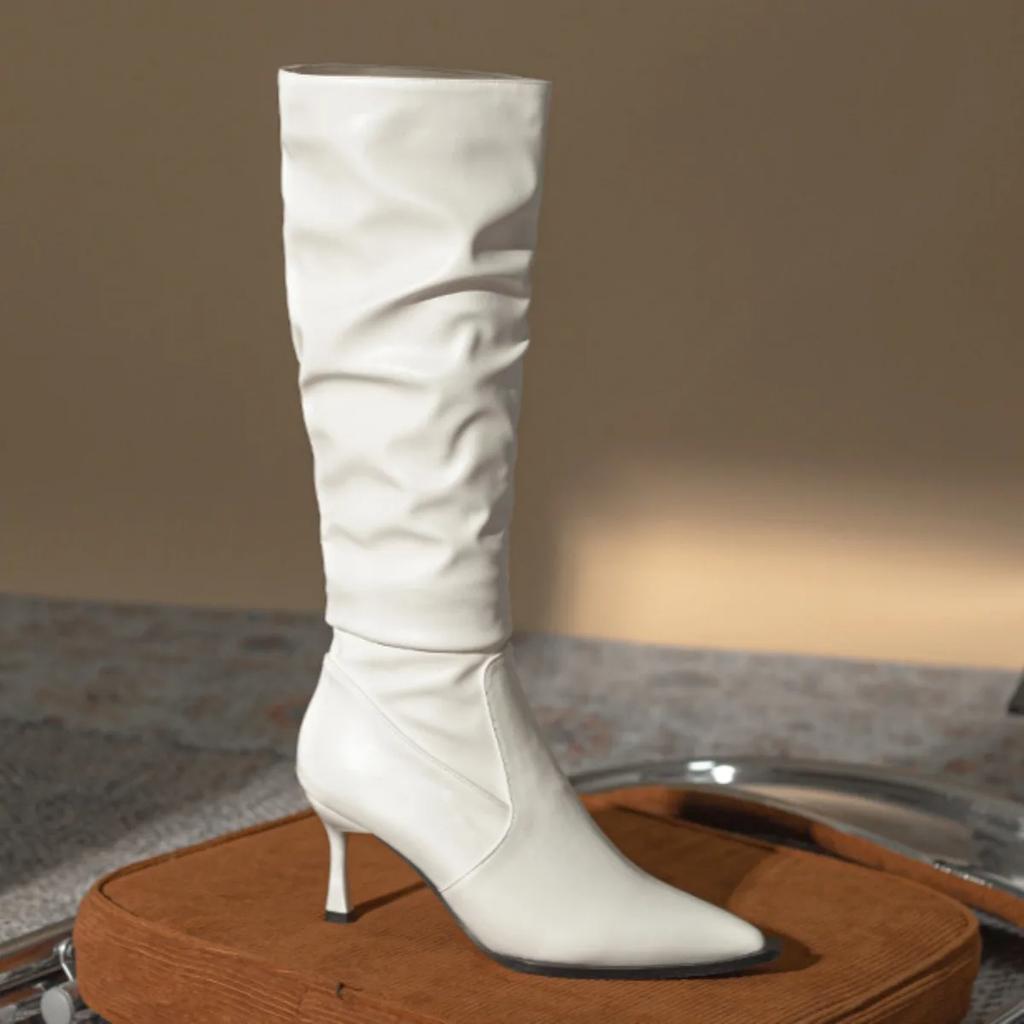 High Heeled Boots Women Knee High Wrinkled Boots High Top Retro Womens Boots Autumn and Winter with Plush Fine Heels Women