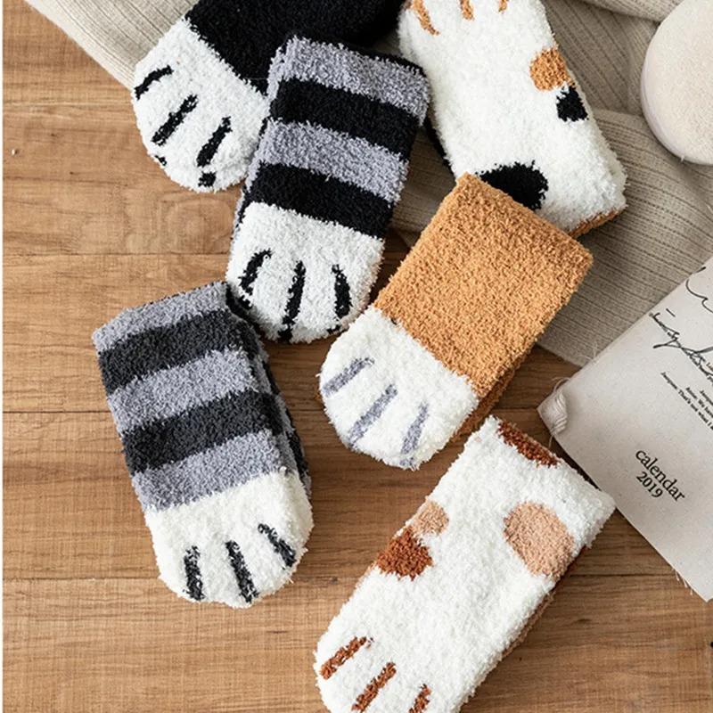 6PCS/SET Cute cat socks White Socks for Women Cute 3d Dog Cat Paw Pattern Female Fleece Warm Funny Socks Home Floor Sleeping 25x8cm