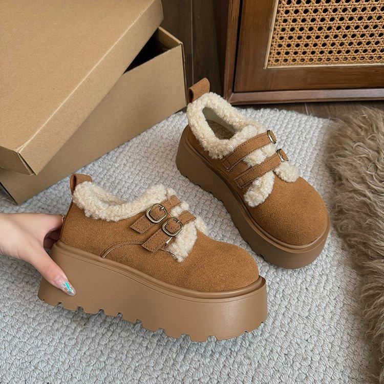 

Туфлі на підйомі на товстій підошві, пухнасті туфлі, зимовий жіночий одяг 2024, новинки на невеликій танкетці, оксамитові теплі бавовняні туфлі 40