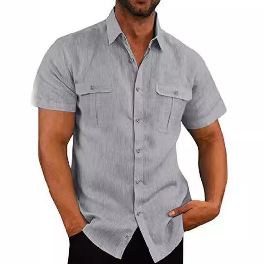 Heren Katoen Linnen Overhemden Korte Mouw Zomer Ademend Omgeslagen Kraag Casual Button-Down Shirt