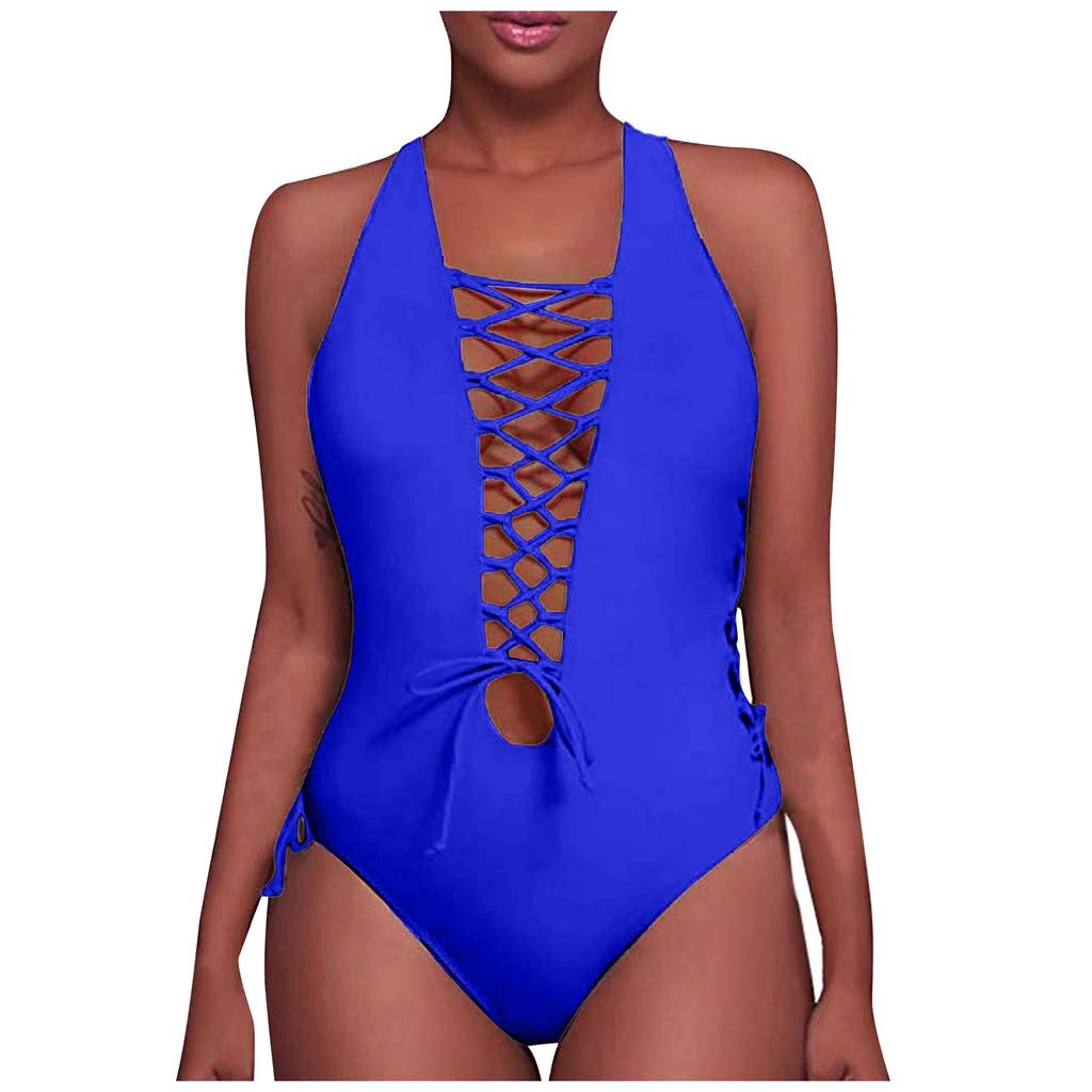 Women's One Piece Swimsuit Lace Up Front Halter Neck Tie Side Cut Out Design Swimwear Beachwear Bathing Suit