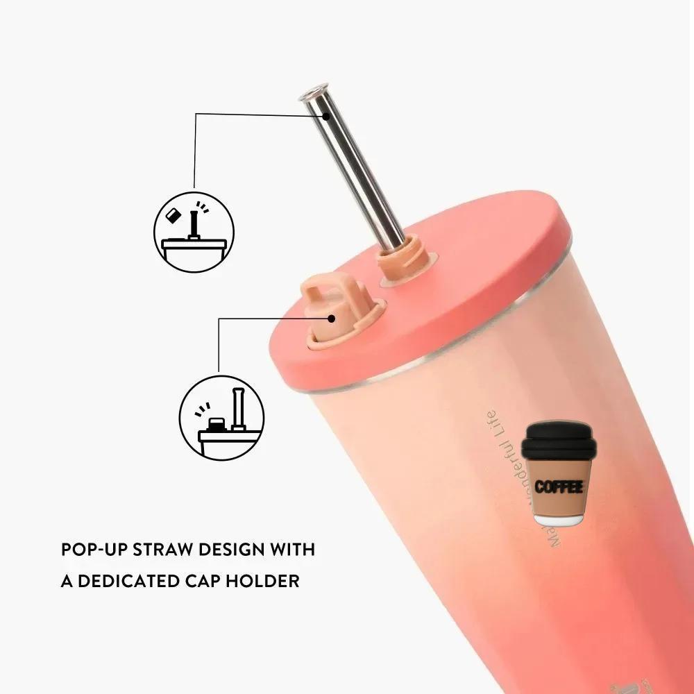 Tyeso 600ML Stainless Steel Coffee Cup With Straw Gradient Color Insulated Water Bottle Car Thermos Mug Cold Drink Vacuum Cup with Coffee Sticker