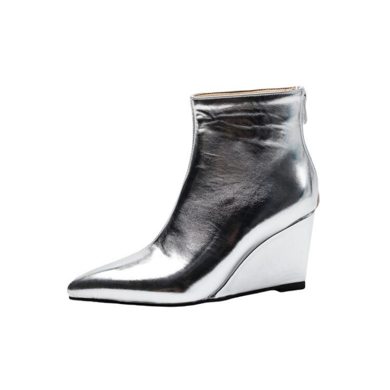 Autumn and Winter Low Boots Large Size Shoes Popular Size 46 Slope Heel Pointed European and American High Heels Rubber Soft Sole Women's Boots