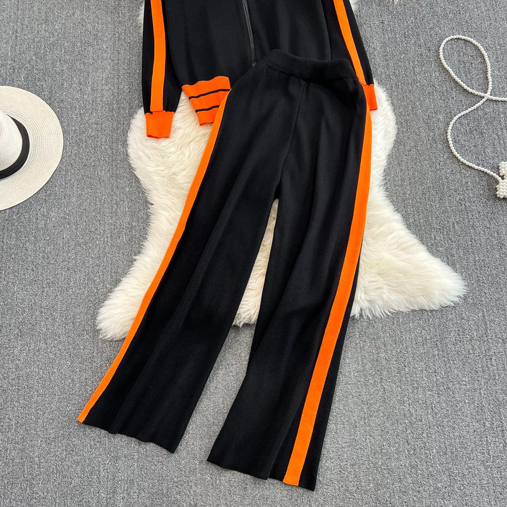 Herbst Winter Kontrast Farbe Gestrickte Pullover Trainingsanzug Volle Hülse Zipper Mantel Jacke und Knöchel-länge Hose Zwei Stück Set