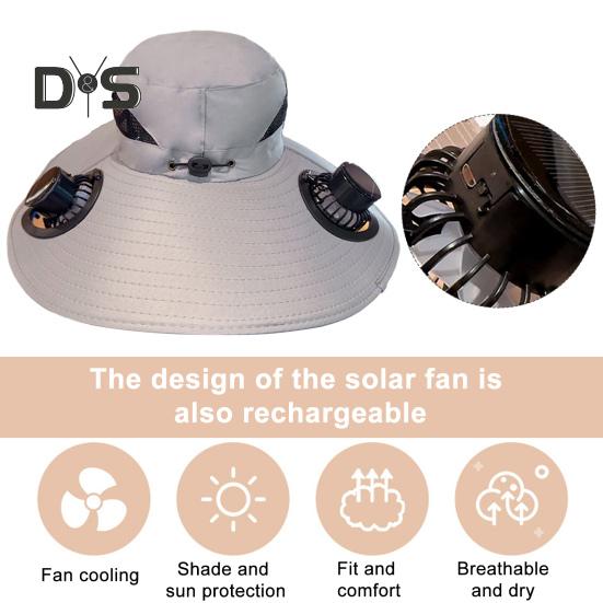 Fächerhut mit breiter Krempe für Damen und Herren, Fischerhut für draußen, mit solar-/USB-betriebenem Ventilator, verstellbarem Visier zum Wandern, Camping und Strand