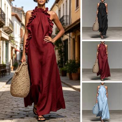 Summer Maxi Dress for Women Ruffle Halter Sleeveless Long A-Line Dress Casual Beach Vacation Flowy Sundress