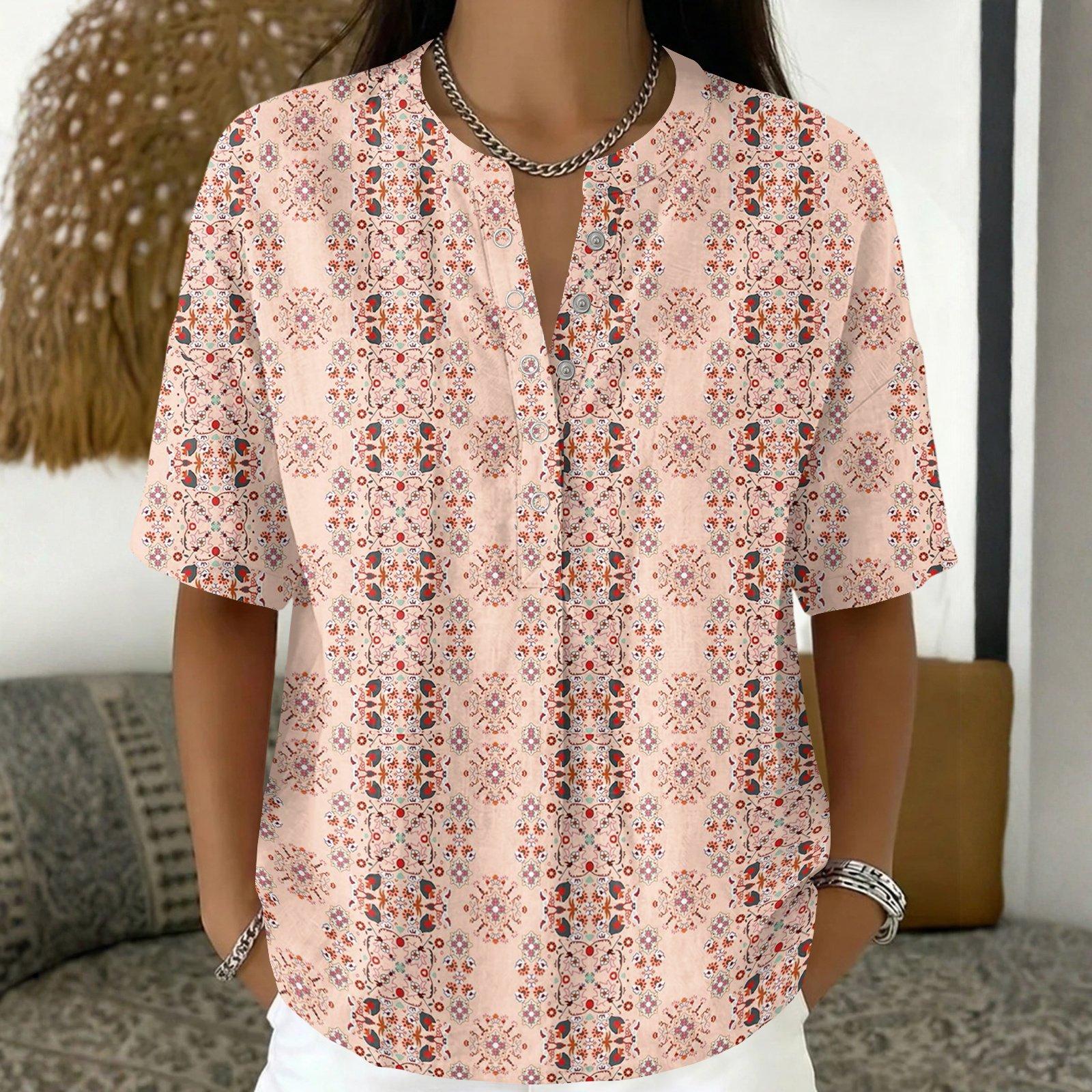 Women s Fashion Print V-Neck Short Sleeve Pullover Blouse XXL бежевый
