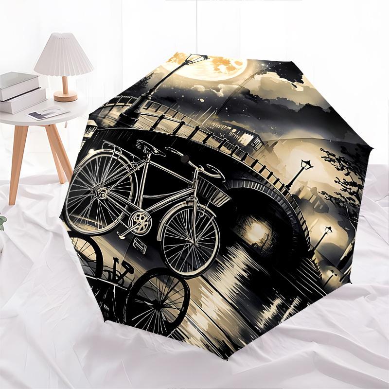 Moonlit Bridge Bicycle Themed Automatic Opening and Closing Umbrella, Brightly Colored 8-rib Portable Umbrella, Suitable for Men and Women,