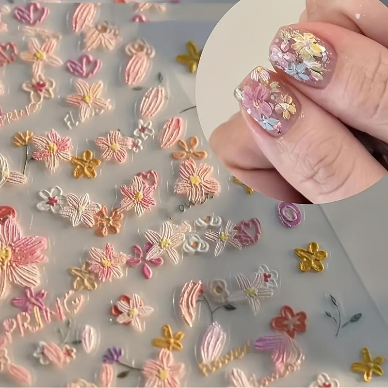 Spring Blossom 5D Embossed Daisy & Cherry Blossom Nail Art Stickers Self-Adhesive Floral Decals for DIY Manicure Flower Nail Stickers