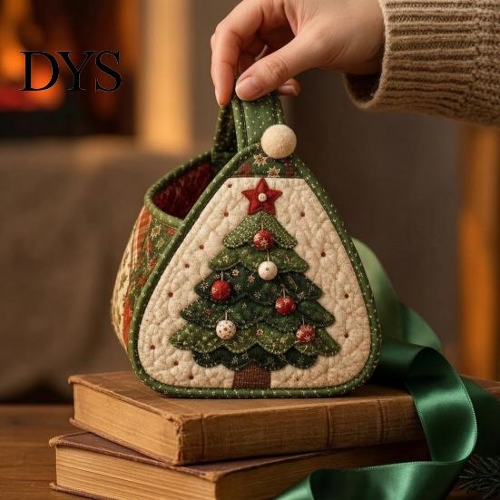 Holiday Decorative Tote DIY Quilted Christmas Basket Kit, Character Plaid Fabric Carry Tabletop Ornament Holder Craft Set, Storage Sewing Project,