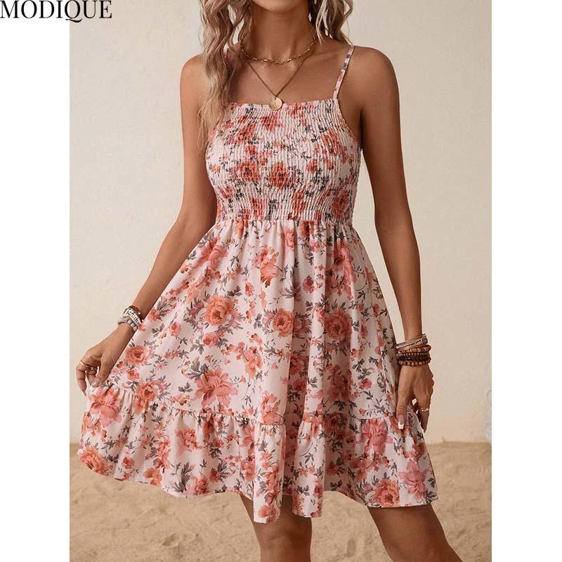 MODIQUE 2025 Summer New Women's Sexy Floral Print Elastic Waist Slip Short Dress Ladies Elegant A-Line Sleeveless Dress Adjustable Shoulder Stra